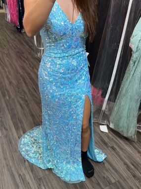 Light Blue Sequin V-Neck Mermaid Dress with Thigh Slit